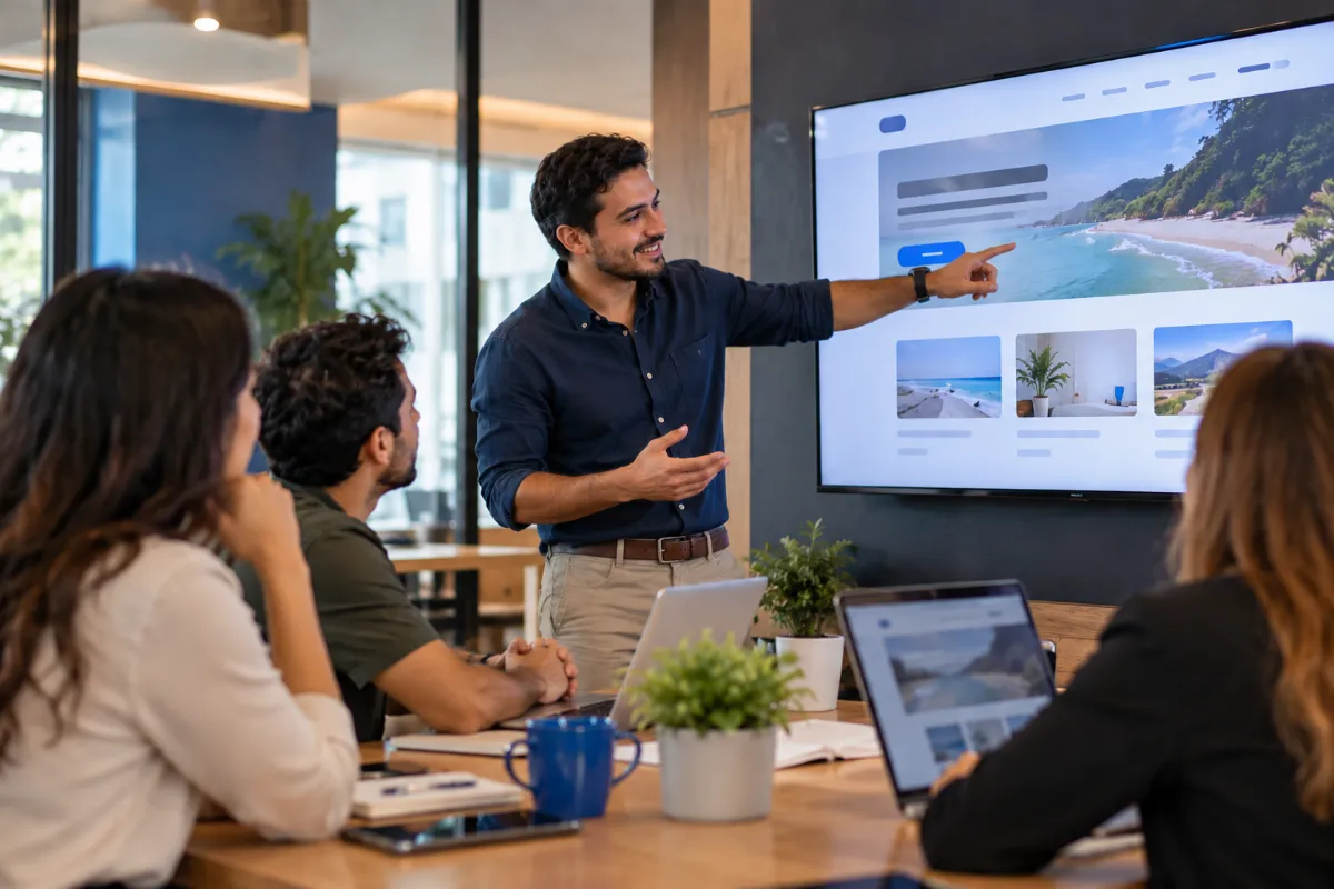 Agencia digital presentando un sitio web a su cliente con hosting reseller