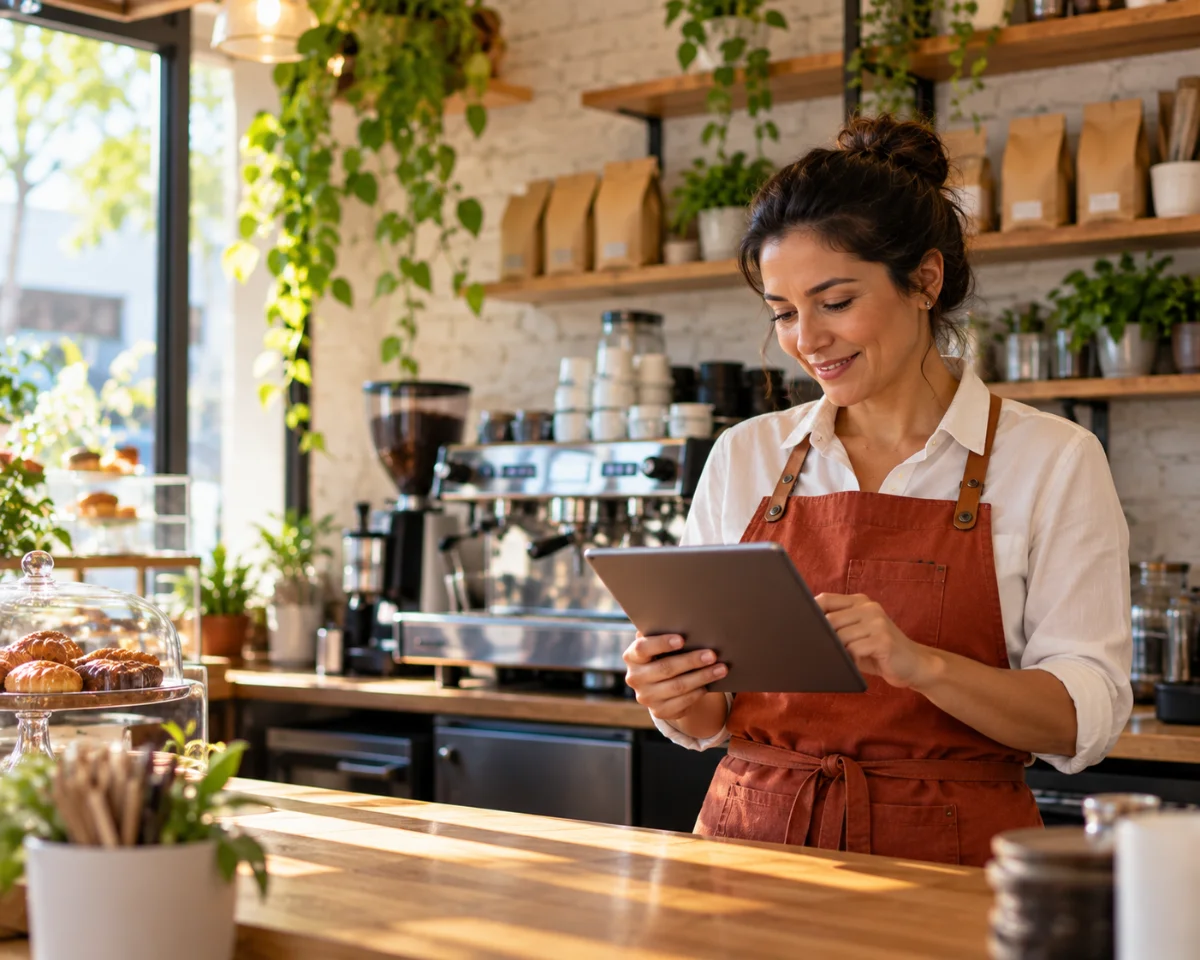 Dueña de una cafetería revisando los pedidos de su sitio web en una tablet