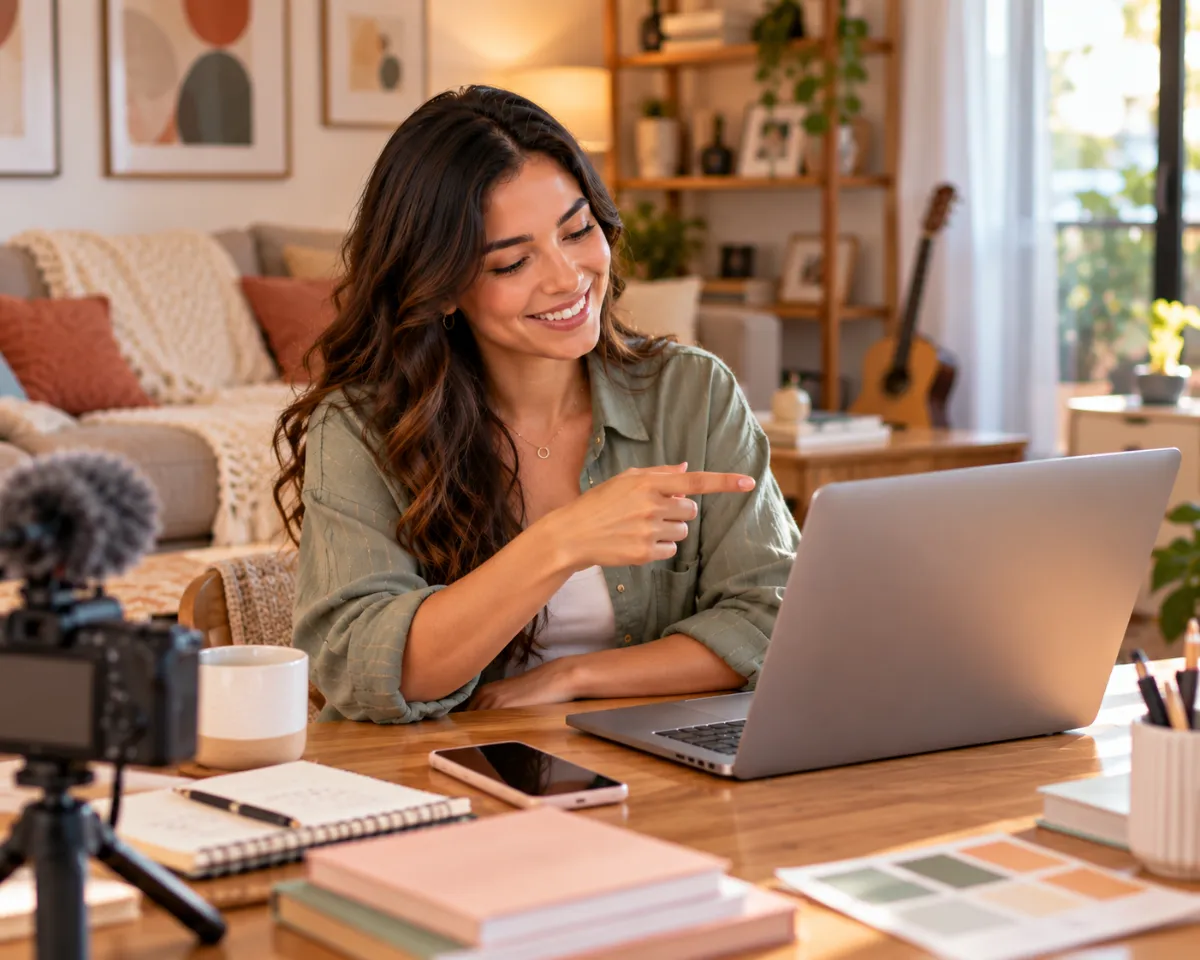 Creadora de contenido compartiendo un enlace de afiliado desde su laptop en casa