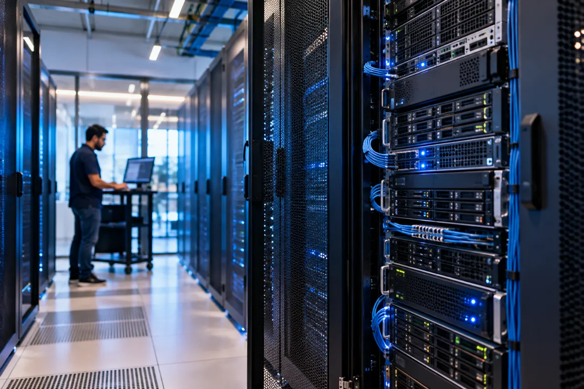 Técnico revisando servidores dedicados y VPS en un pasillo del centro de datos