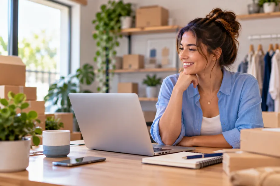 Emprendedora administrando su tienda online desde una laptop