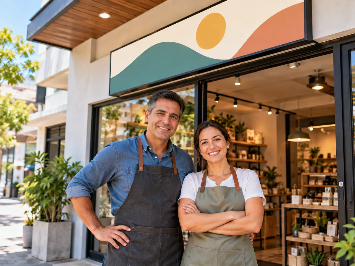 Pareja de emprendedores frente a su tienda con letrero nuevo