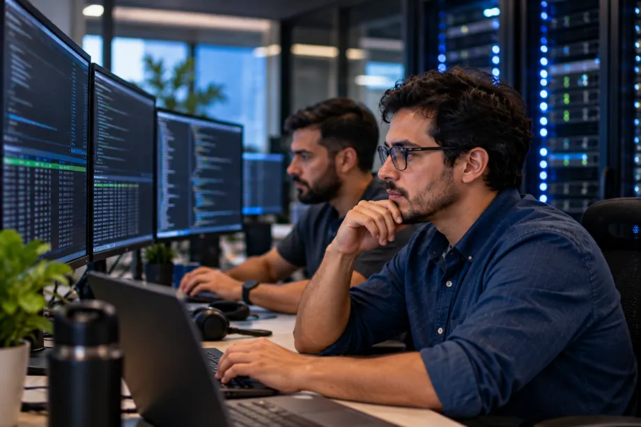 Equipo técnico monitoreando servidores frente a varios monitores