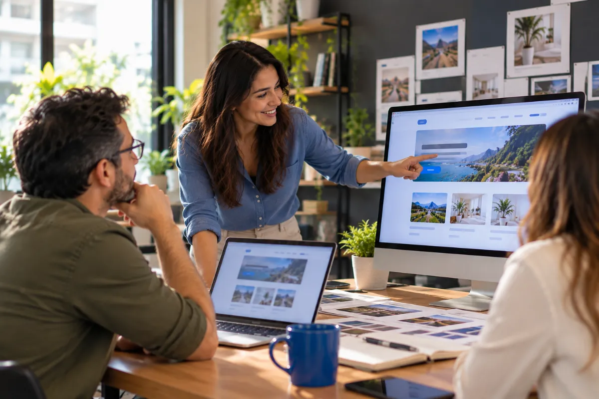 Freelancer web presentando un sitio terminado a su equipo y cliente