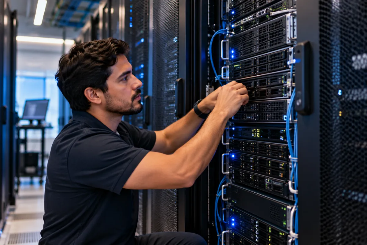 Ingeniero de sistemas trabajando en un rack de servidores de hosting web