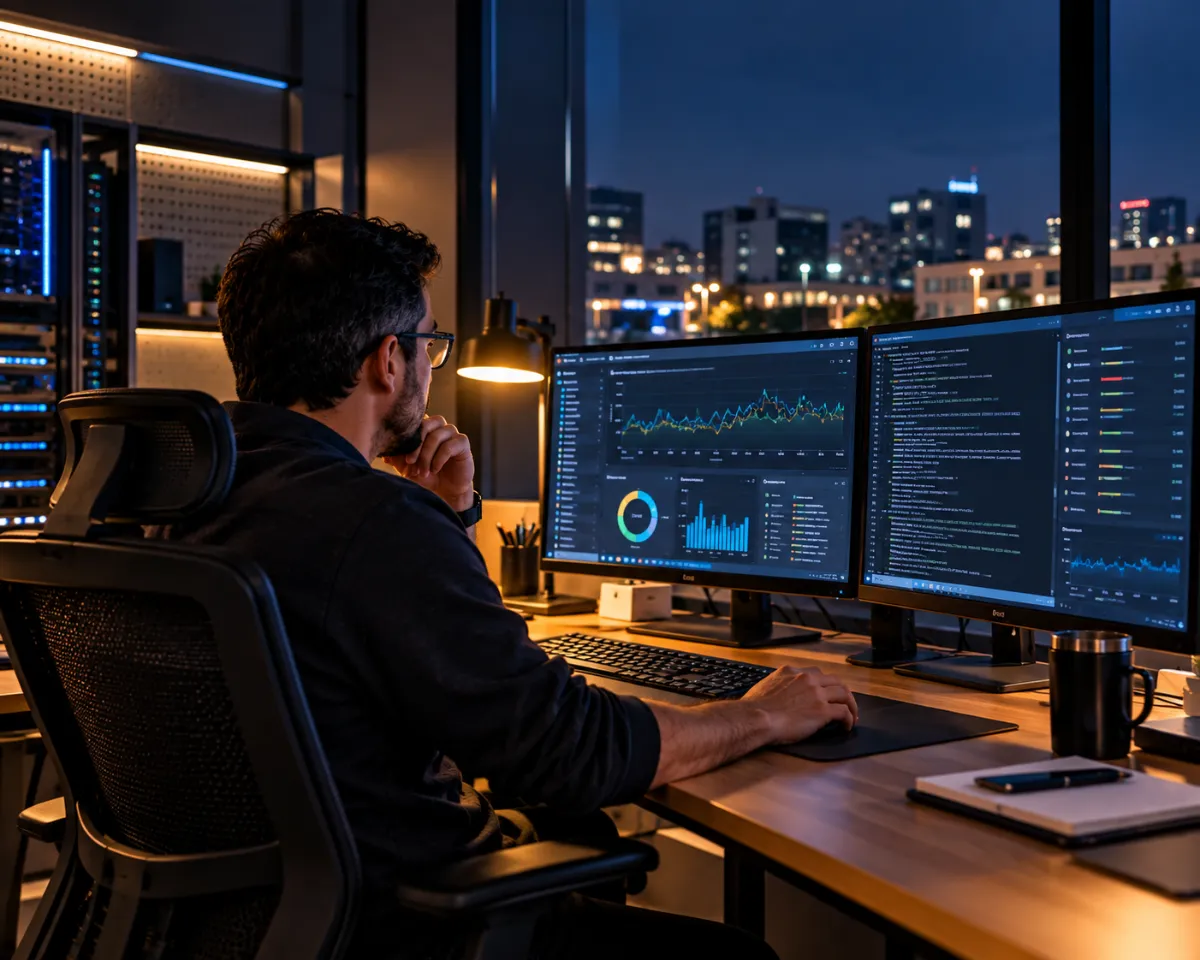 Técnico de guardia monitoreando servidores dedicados de noche